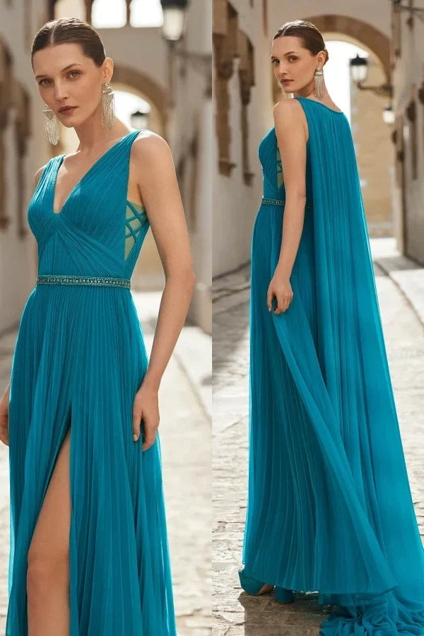 Teal V-Neck Sleeveless Beaded Maxi Evening Dress