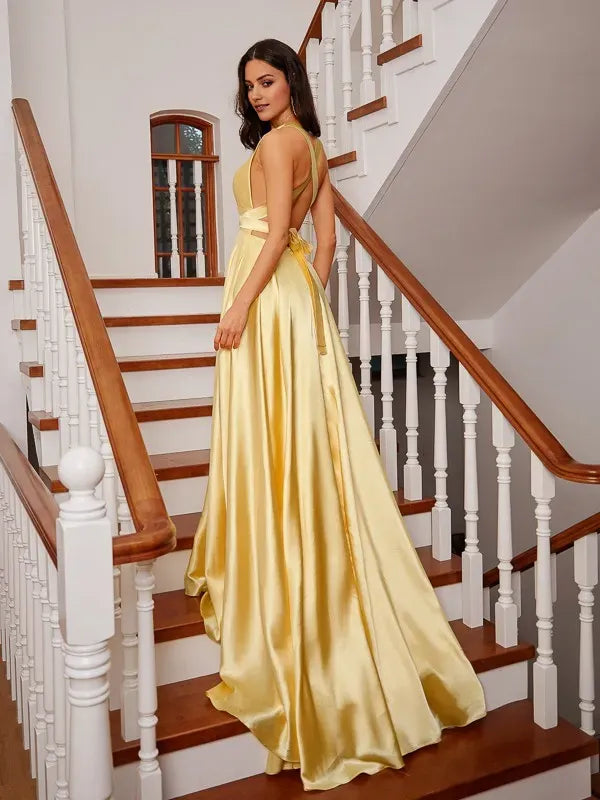 Yellow V-Neck Sleeveless Up Floor-Length Ruffles Prom Dresses with High Sli