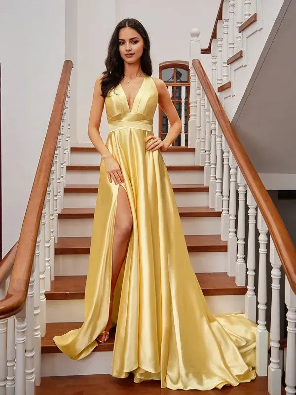 Yellow V-Neck Sleeveless Up Floor-Length Ruffles Prom Dresses with High Sli