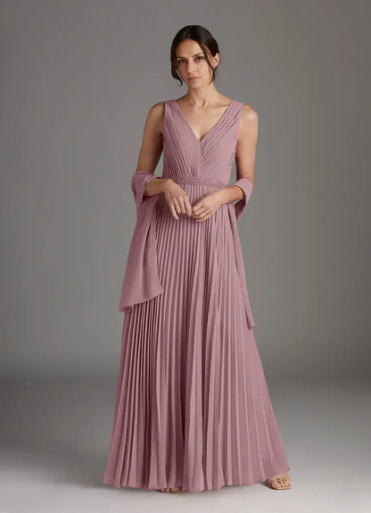 Elegant Dusty Rose Chiffon A-Line V-Neck Sleeveless Floor-Length Mother of the Bride Dress