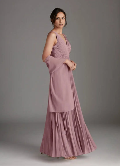 Elegant Dusty Rose Chiffon A-Line V-Neck Sleeveless Floor-Length Mother of the Bride Dress