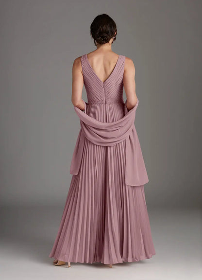 Elegant Dusty Rose Chiffon A-Line V-Neck Sleeveless Floor-Length Mother of the Bride Dress