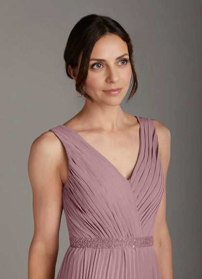 Elegant Dusty Rose Chiffon A-Line V-Neck Sleeveless Floor-Length Mother of the Bride Dress