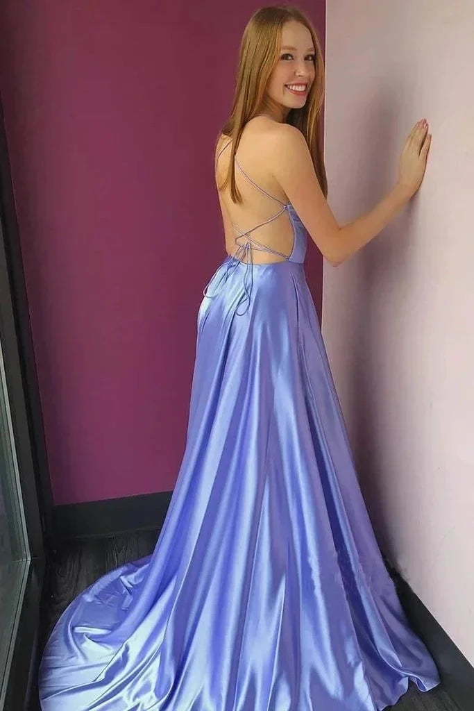 Lavender V-Neck Spaghetti Strap Maxi Prom Dress