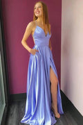 Lavender V-Neck Spaghetti Strap Maxi Prom Dress