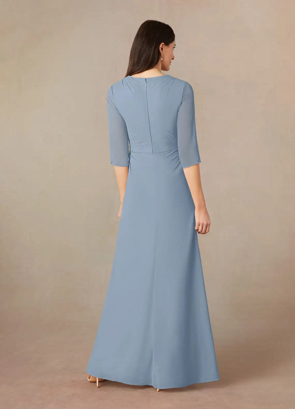 V-Neck Three-Quarter Sleeve Zip-Back Floor-Length Mother of the Bride Dress