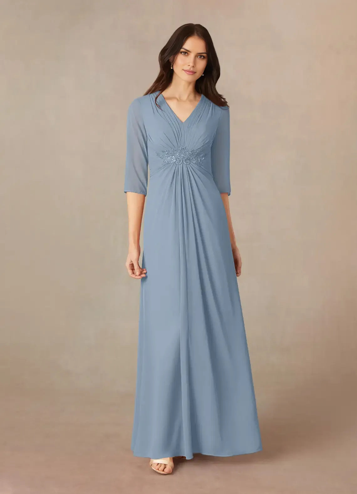 V-Neck Three-Quarter Sleeve Zip-Back Floor-Length Mother of the Bride Dress