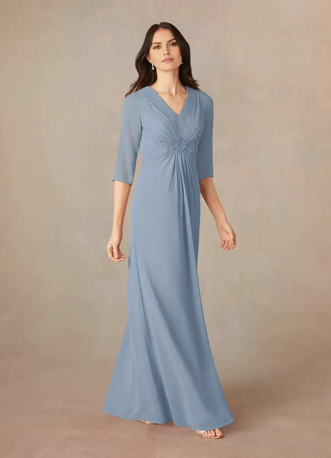 V-Neck Three-Quarter Sleeve Zip-Back Floor-Length Mother of the Bride Dress
