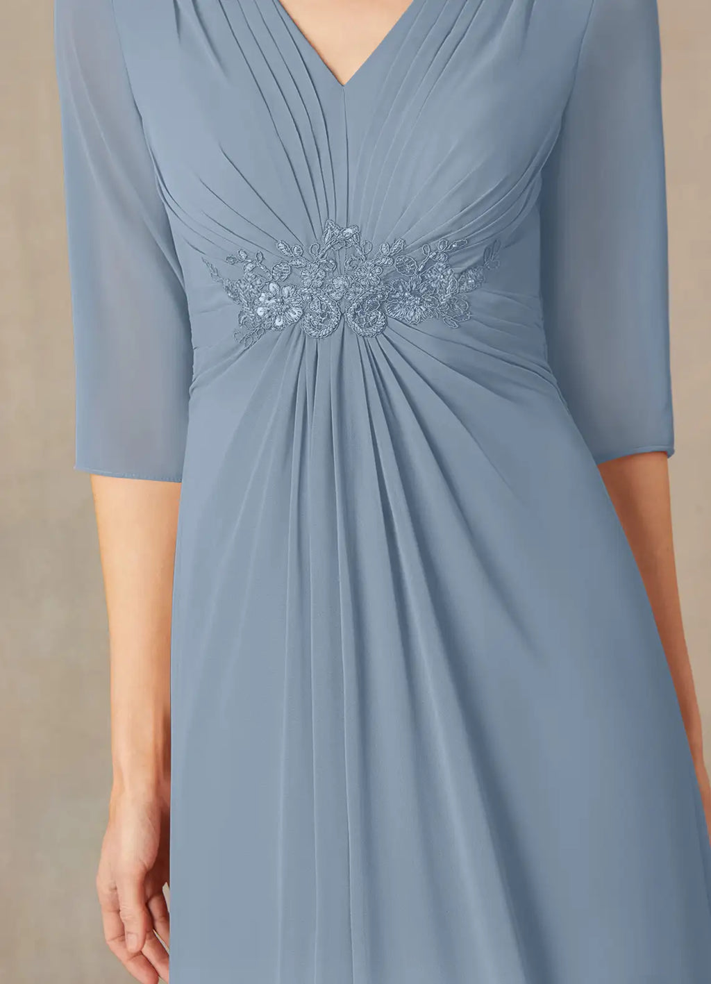 V-Neck Three-Quarter Sleeve Zip-Back Floor-Length Mother of the Bride Dress