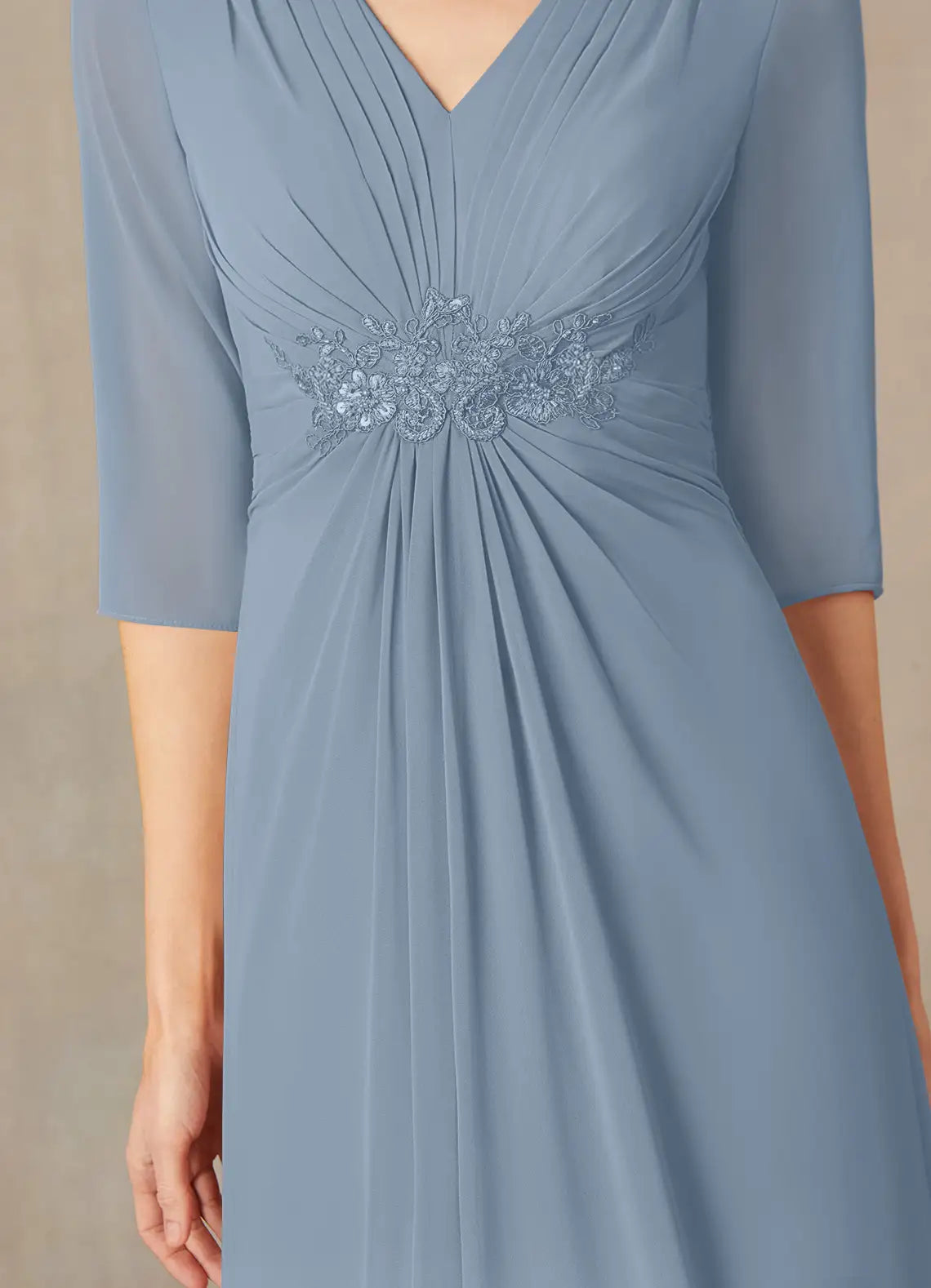 V-Neck Three-Quarter Sleeve Zip-Back Floor-Length Mother of the Bride Dress