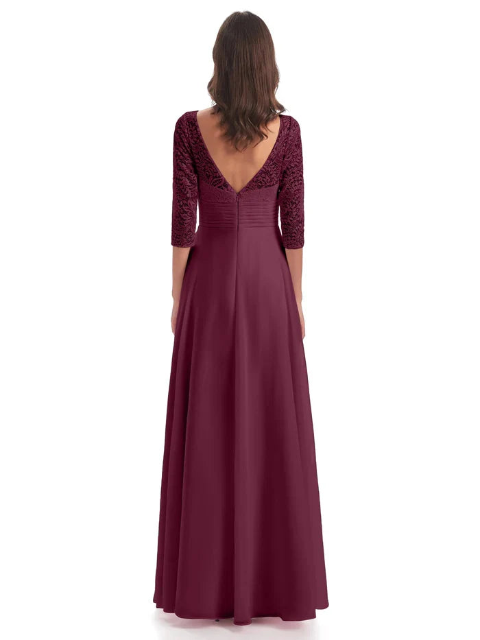 Chic Elegant Burgundy Chiffon A-Line V-Neck Floor-Length Mother of the Bride Dress