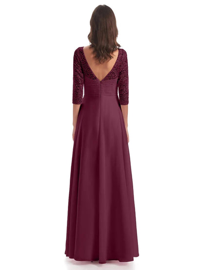 Chic Elegant Burgundy Chiffon A-Line V-Neck Floor-Length Mother of the Bride Dress