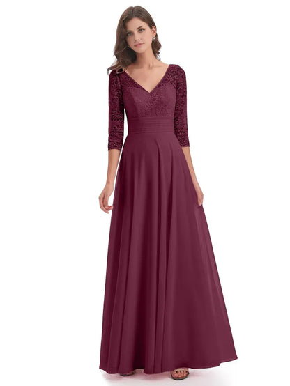 Chic Elegant Burgundy Chiffon A-Line V-Neck Floor-Length Mother of the Bride Dress