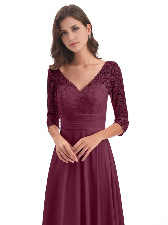 Chic Elegant Burgundy Chiffon A-Line V-Neck Floor-Length Mother of the Bride Dress