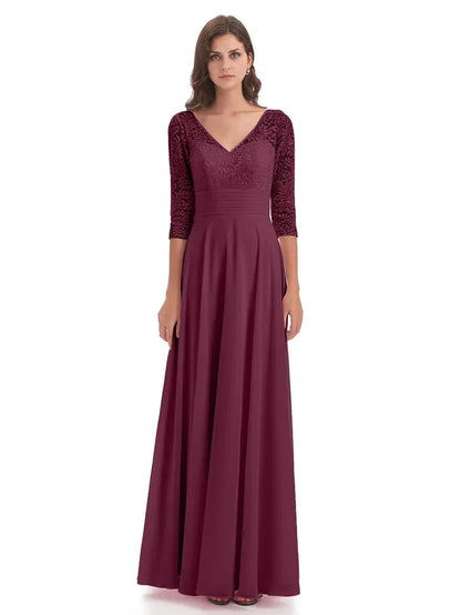 Chic Elegant Burgundy Chiffon A-Line V-Neck Floor-Length Mother of the Bride Dress