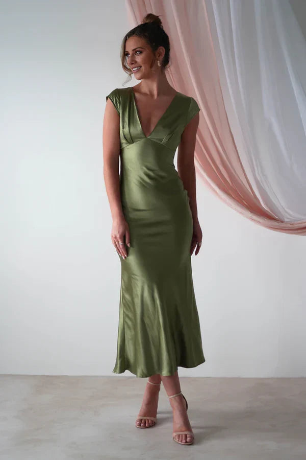Olive Green Cap-Sleeve V-Neck Tie-Back Satin Midi Prom Dress