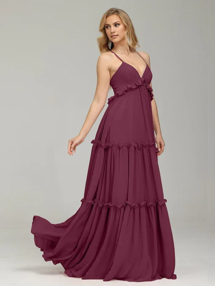 Beautiful Timeless Chic Elegant Burgundy Chiffon A-Line V-Neck Sleeveless Floor-Length Prom Dress