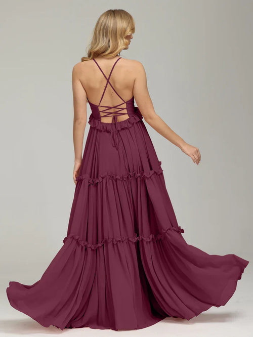 Beautiful Timeless Chic Elegant Burgundy Chiffon A-Line V-Neck Sleeveless Floor-Length Prom Dress