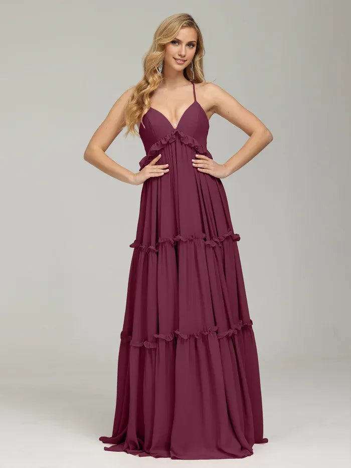 Beautiful Timeless Chic Elegant Burgundy Chiffon A-Line V-Neck Sleeveless Floor-Length Prom Dress