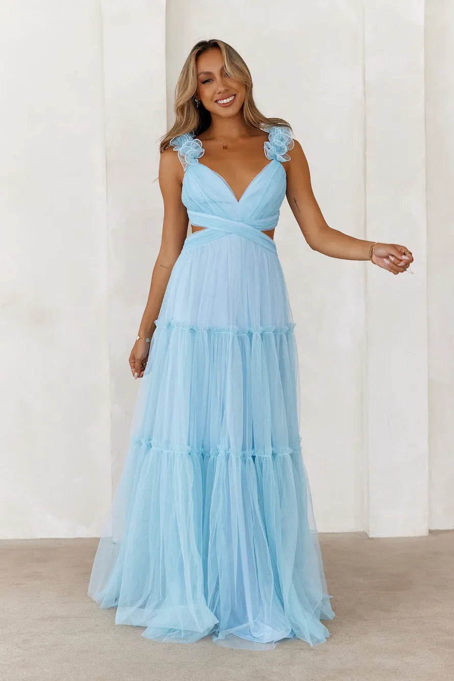 V-neck Sleeveless Cutout waist Tiered Floor-Length Prom Dresses