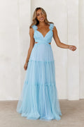 V-neck Sleeveless Cutout waist Tiered Floor-Length Prom Dresses