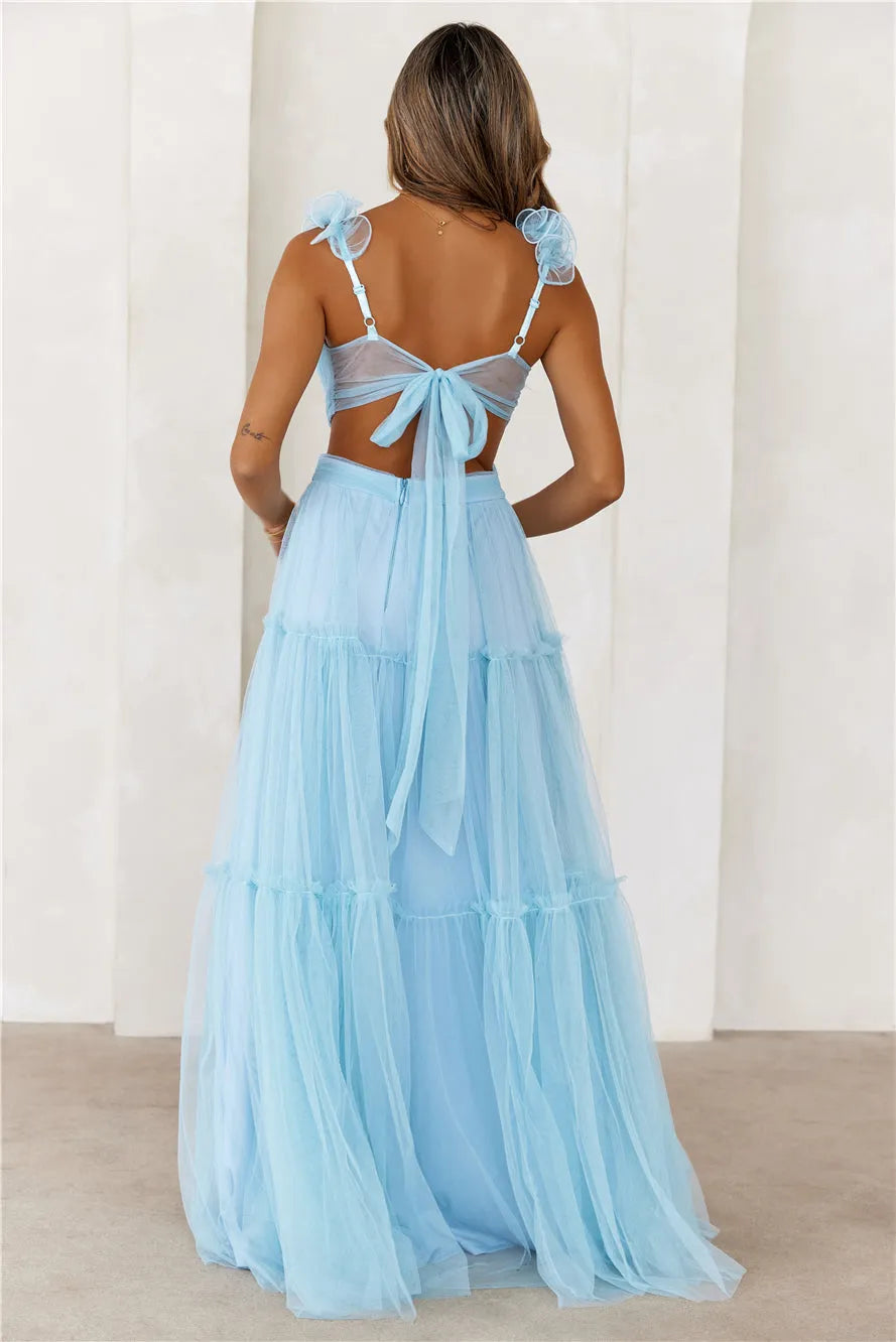 V-neck Sleeveless Cutout waist Tiered Floor-Length Prom Dresses