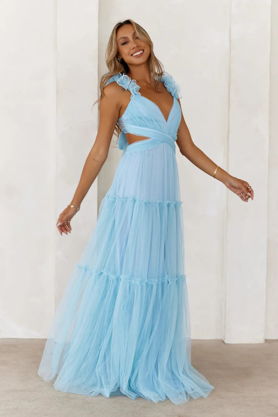 V-neck Sleeveless Cutout waist Tiered Floor-Length Prom Dresses
