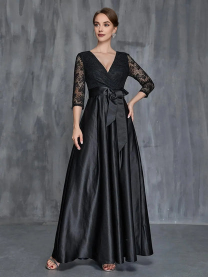Stylish Refined Beautiful Elegant Black Satin A-Line Long Sleeve Floor-Length Prom Dress
