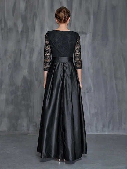 Stylish Refined Beautiful Elegant Black Satin A-Line Long Sleeve Floor-Length Prom Dress