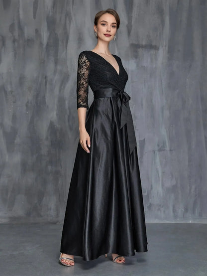 Stylish Refined Beautiful Elegant Black Satin A-Line Long Sleeve Floor-Length Prom Dress