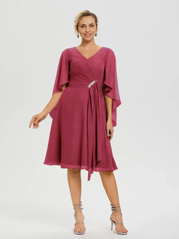 Refined Beautiful Elegant Burgundy Chiffon A-Line Ruffle Mother of the Bride Dress