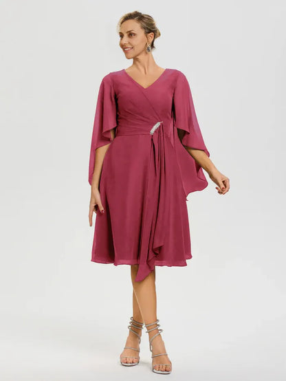Refined Beautiful Elegant Burgundy Chiffon A-Line Ruffle Mother of the Bride Dress
