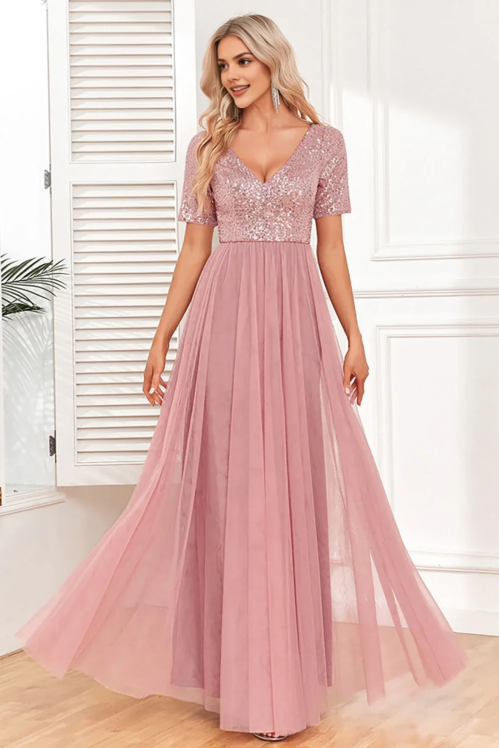 Elegant Dusty Rose Tulle A-Line Short Sleeve Floor-Length Mother of the Bride Dress