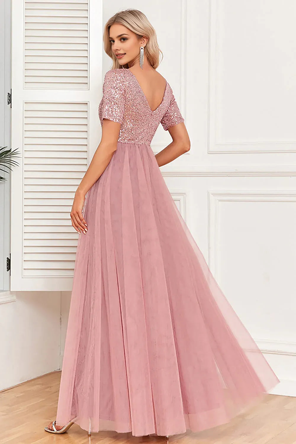 Elegant Dusty Rose Tulle A-Line Short Sleeve Floor-Length Mother of the Bride Dress