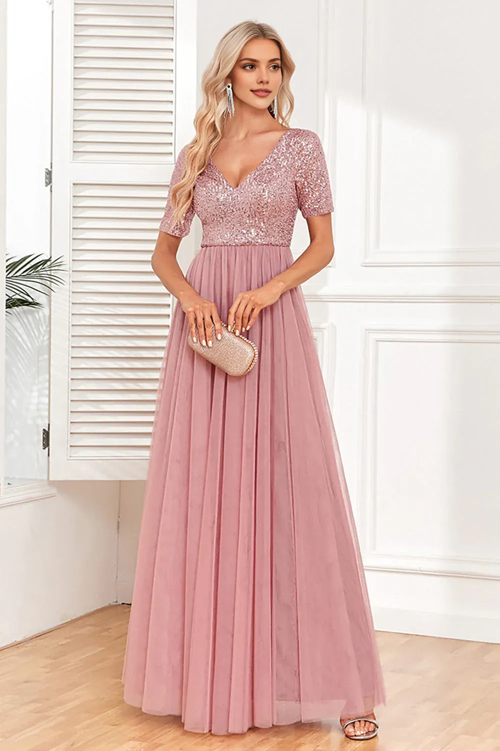 Elegant Dusty Rose Tulle A-Line Short Sleeve Floor-Length Mother of the Bride Dress