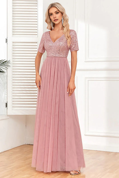 Elegant Dusty Rose Tulle A-Line Short Sleeve Floor-Length Mother of the Bride Dress
