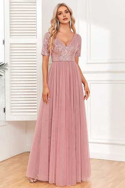 Elegant Dusty Rose Tulle A-Line Short Sleeve Floor-Length Mother of the Bride Dress