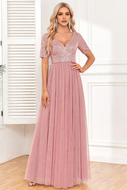 Elegant Dusty Rose Tulle A-Line Short Sleeve Floor-Length Mother of the Bride Dress
