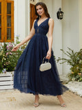 Graceful Stylish Refined Beautiful Elegant Navy Blue Tulle A-Line Sleeveless Evening Dress