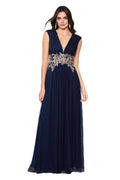 Stylish Refined Beautiful Elegant Navy Blue Chiffon A-Line Sleeveless Floor-Length Prom Dress