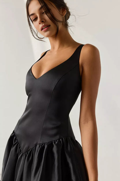 Refined Beautiful Timeless Chic Elegant Black Satin A-Line Sleeveless Mini Homecoming Dress