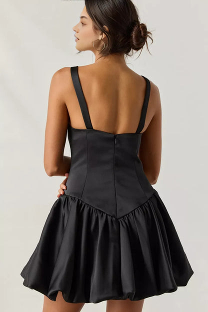 Refined Beautiful Timeless Chic Elegant Black Satin A-Line Sleeveless Mini Homecoming Dress