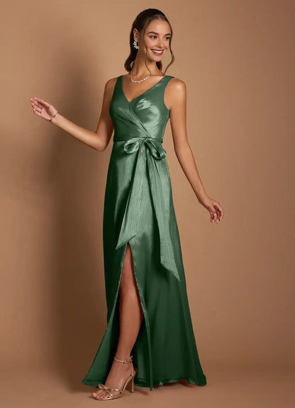 Sophisticated Graceful Stylish Elegant Emerald Green Satin A-Line Sleeveless Floor-Length Evening Dress