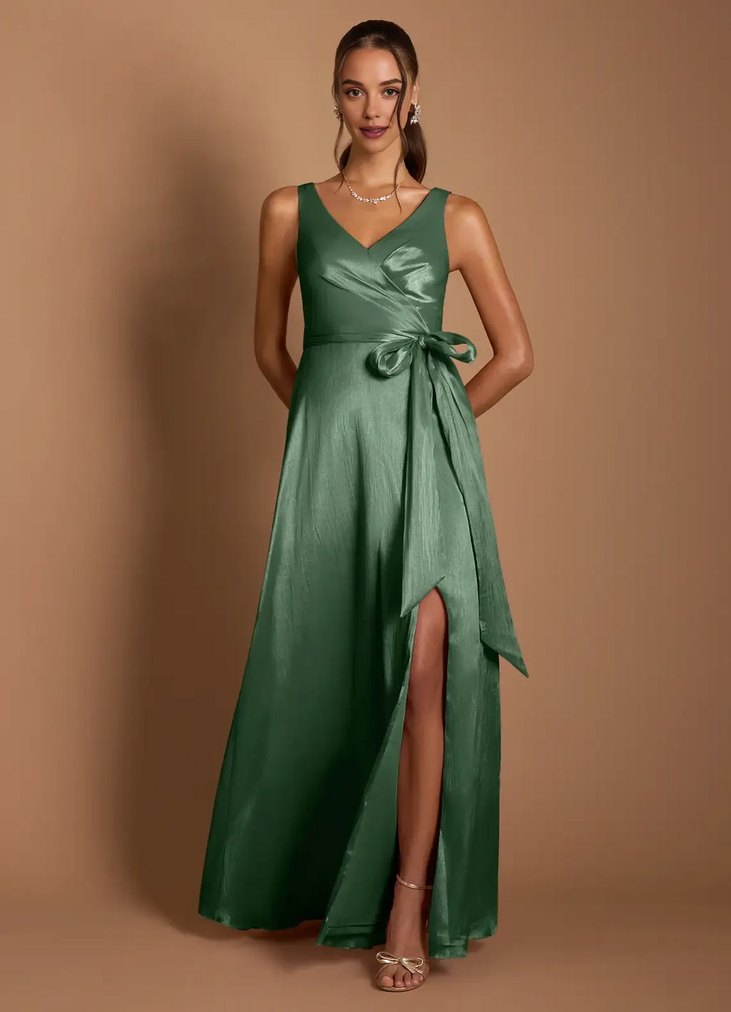 Sophisticated Graceful Stylish Elegant Emerald Green Satin A-Line Sleeveless Floor-Length Evening Dress