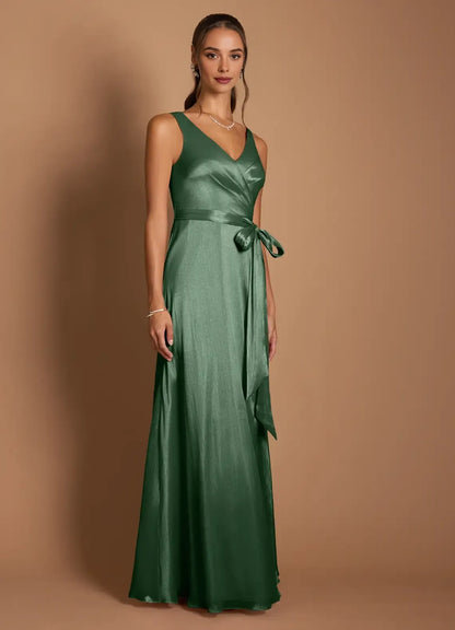 Sophisticated Graceful Stylish Elegant Emerald Green Satin A-Line Sleeveless Floor-Length Evening Dress