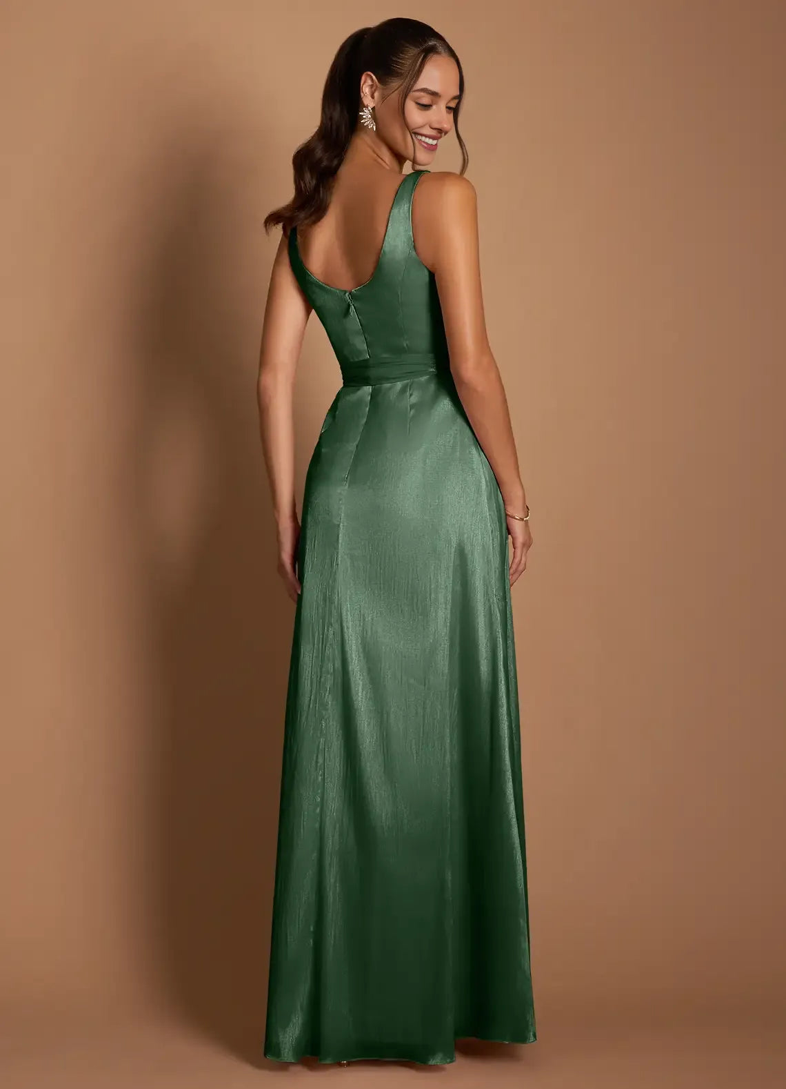 Sophisticated Graceful Stylish Elegant Emerald Green Satin A-Line Sleeveless Floor-Length Evening Dress