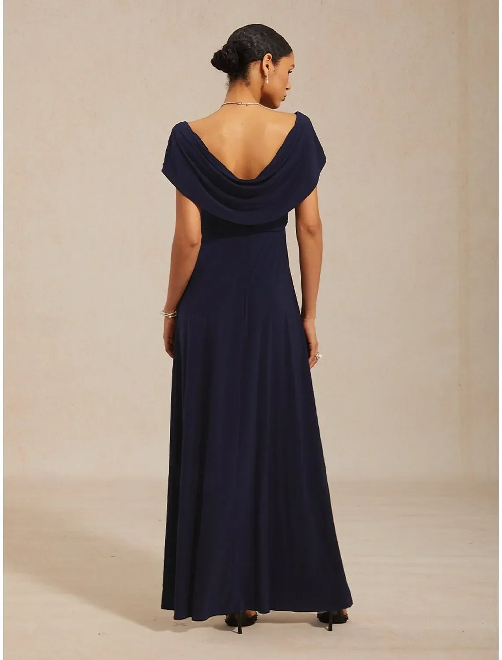 Navy Blue Cowl Neck Cap-sleeve Ruched Maxi Prom Dress