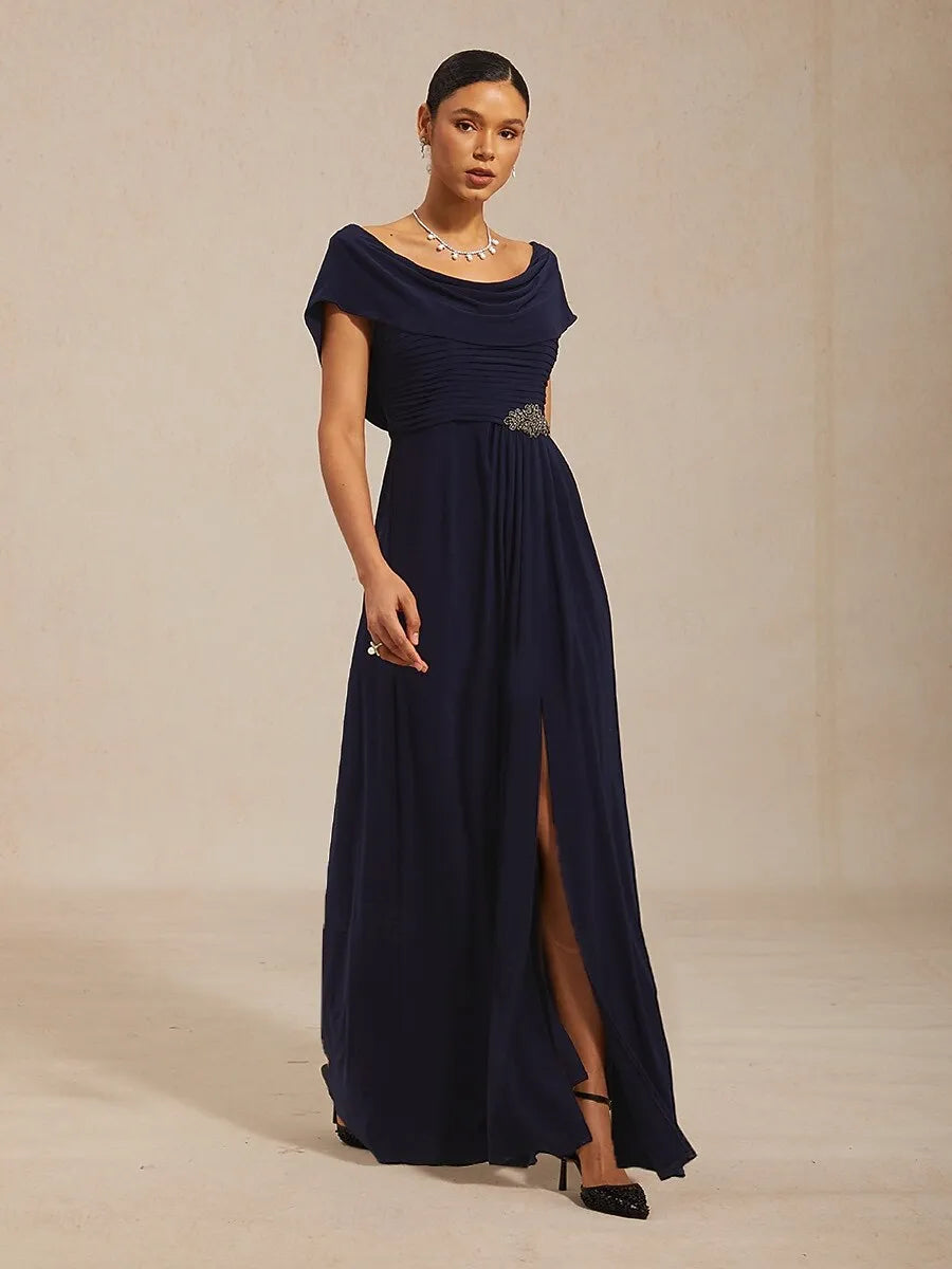 Navy Blue Cowl Neck Cap-sleeve Ruched Maxi Prom Dress