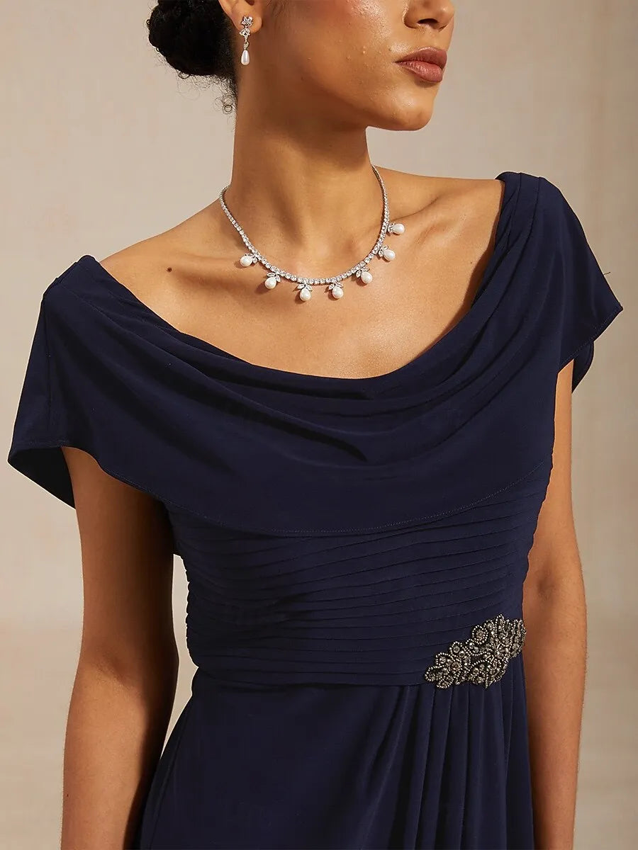 Navy Blue Cowl Neck Cap-sleeve Ruched Maxi Prom Dress