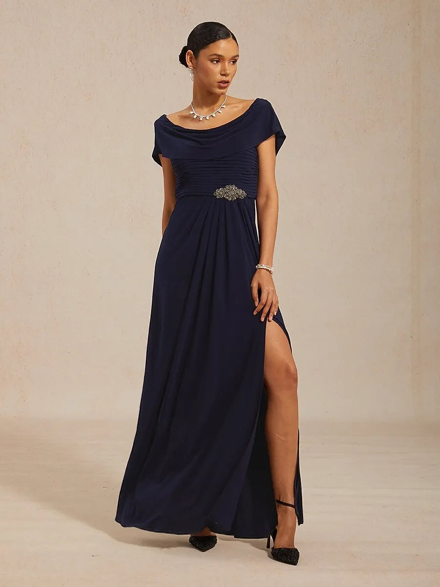 Navy Blue Cowl Neck Cap-sleeve Ruched Maxi Prom Dress